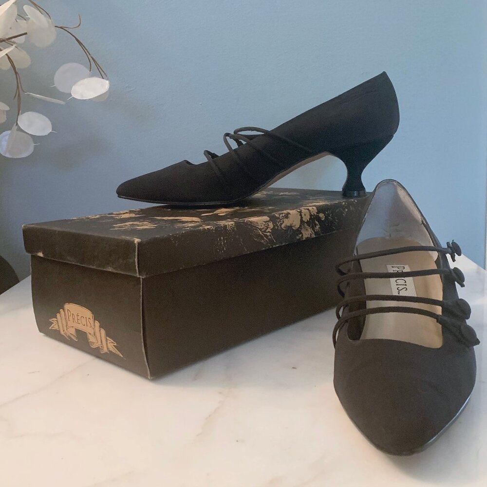 Vintage 80s Precis Couture-49 Black Crepe Fabric Shoes Size 9